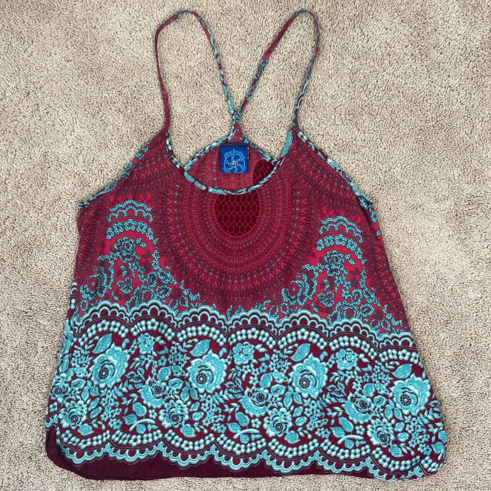Blue Gecko Tank Women S Red Blue Bohemian Hippie Flowy Floral Racerback Thailand